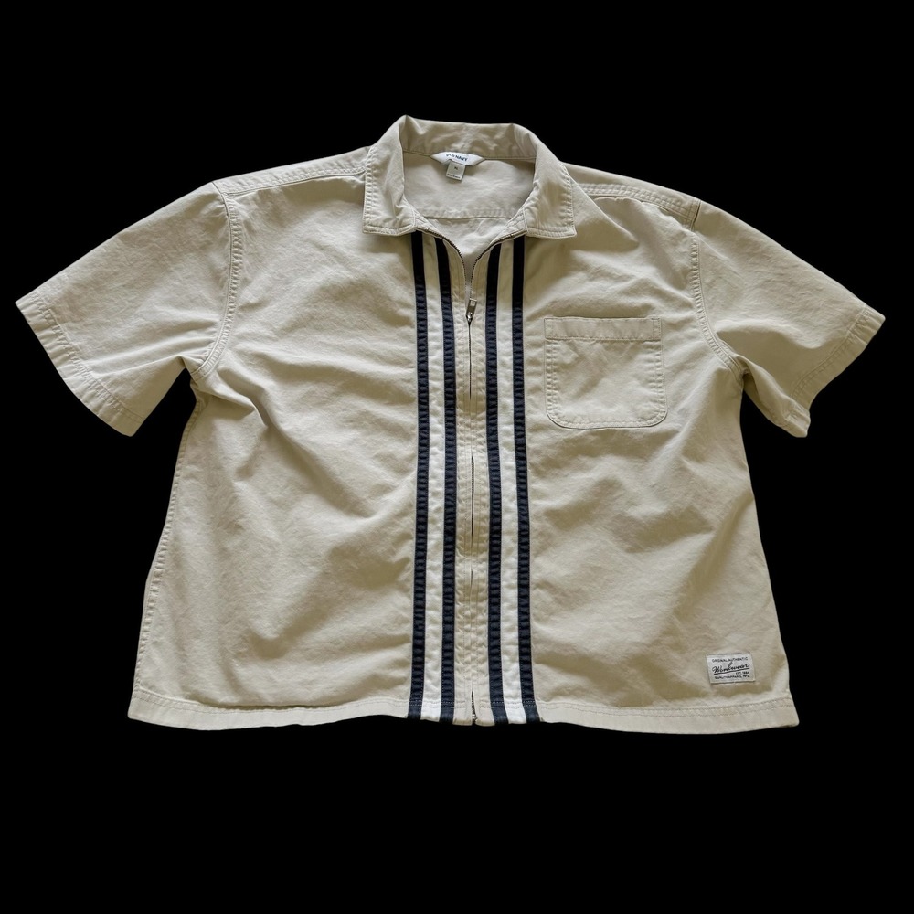 Y2K Old Navy XL Khaki Beige Zip Up Short Sleeve Workwear Stripe Shirt